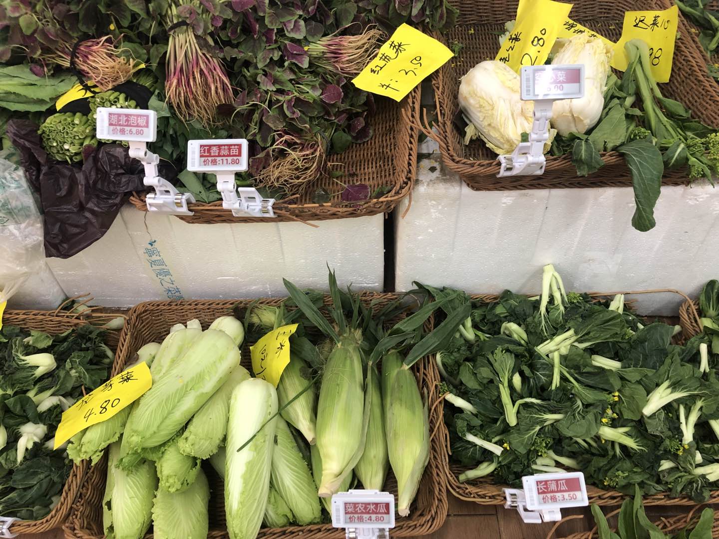 Etiquetas eletrônicas AGTag instaladas com garras em cestos de hortifruti